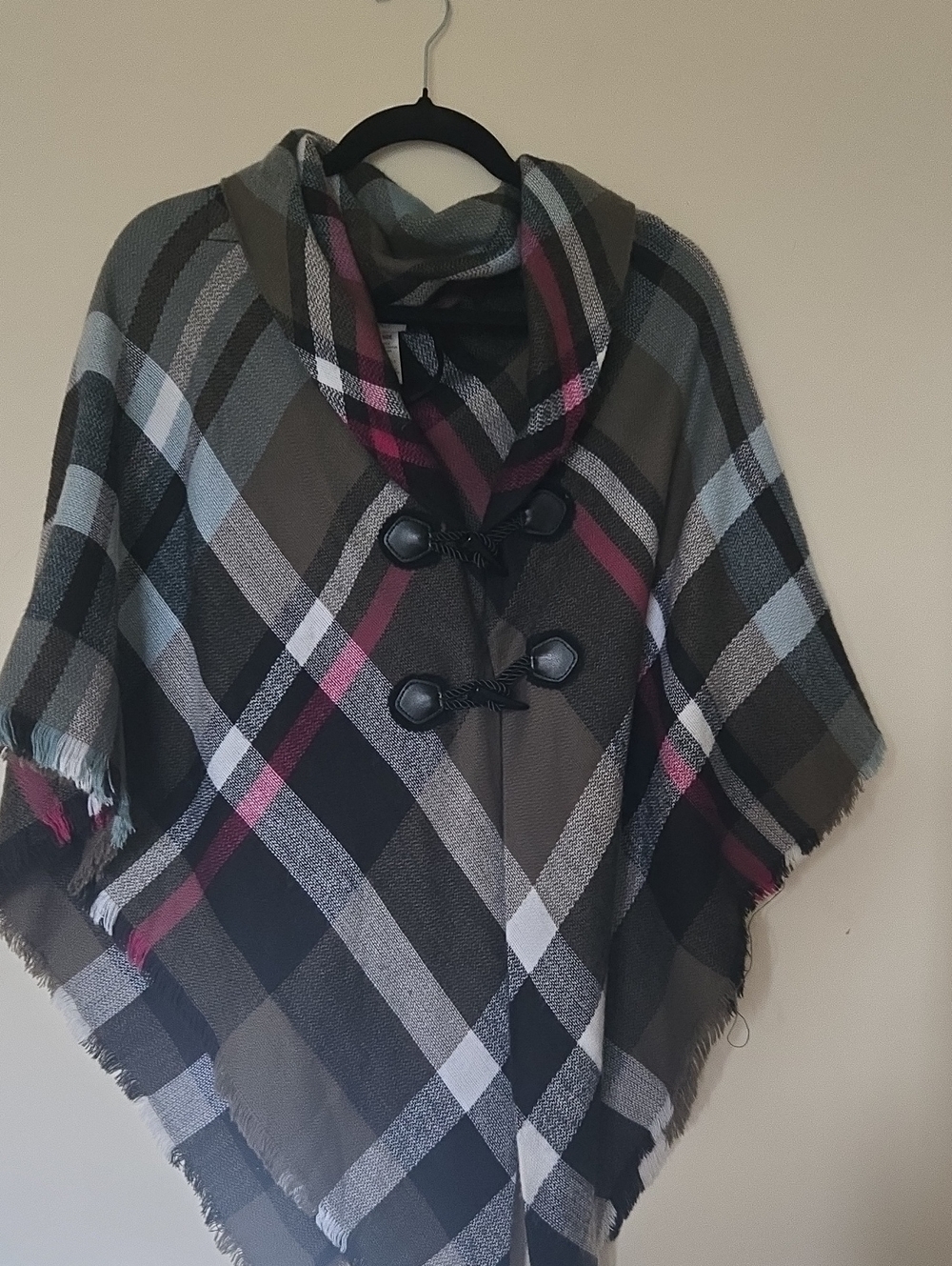 Mixit Olive, Black & Pink Plaid Hooded Poncho